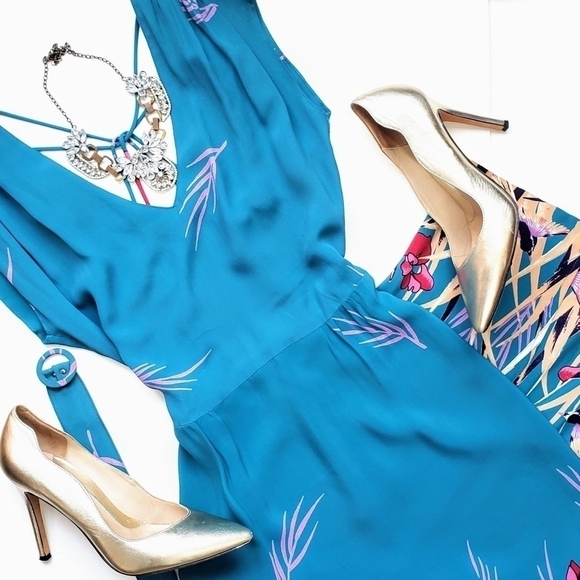 Vintage Turquoise Bird Iris Strapy Back Sheath Midi Dress Cap Sleeve Size Small - Picture 2 of 13